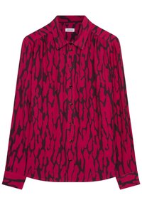 Blusa a maniche lunghe con bottoni, stampa animale astratta rossa e nera, colletto a punta e polsini con bottoni.