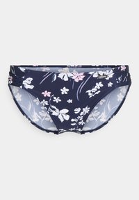 Himbeerblaues Bikini-Höschen mit einem floralen Muster in Pink und Weiß. Hergestellt aus elastischem Stoff mit Raffung an den Seiten.