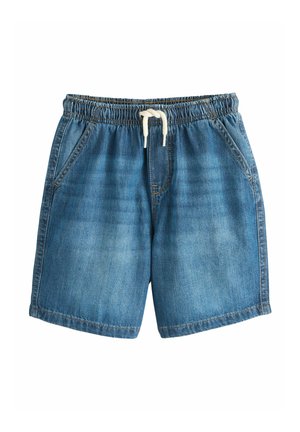 Blaue Jeansshorts mit elastischem Bund und weißem Kordelzug, ausgestattet mit Vordertaschen und ausgewaschenen Details.