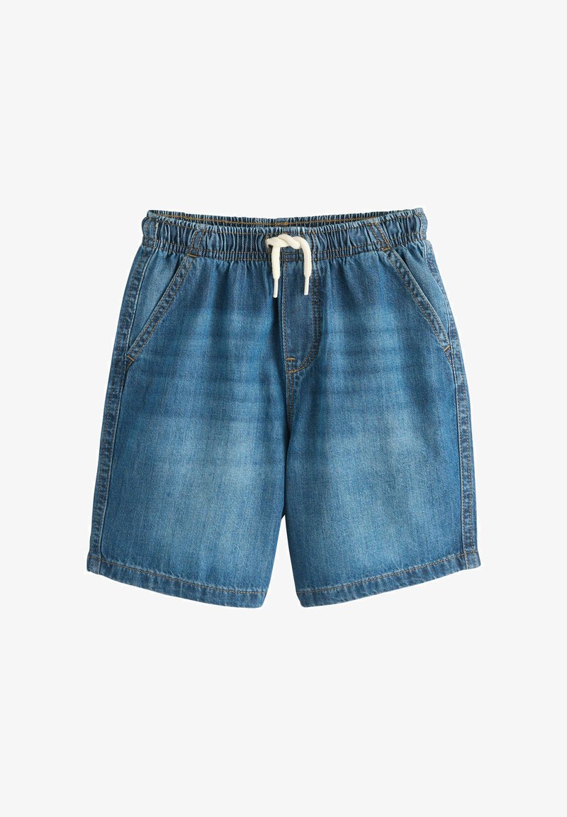 Shorts en denim bleu avec taille élastique et cordon blanc, dotés de poches avant et d'un effet délavé.