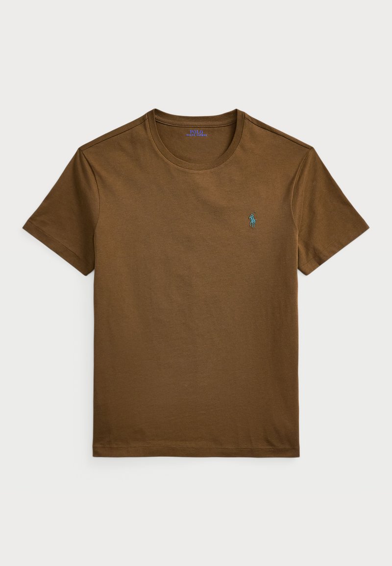 Brown cotton T-shirt with short sleeves and a round neckline. Features a small turquoise logo on the left chest. Smooth texture.