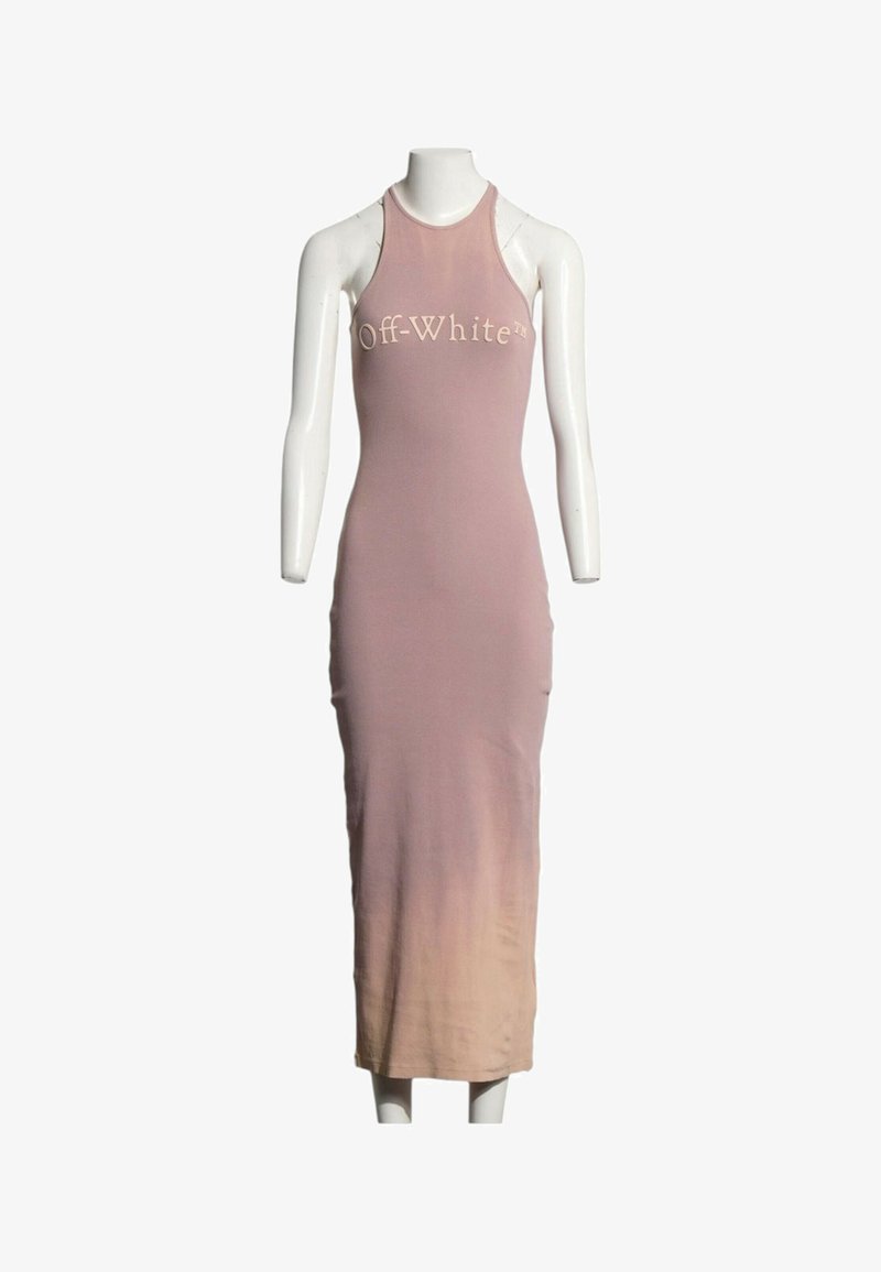 Robe longue sans manches dégradé rose avec le texte "Off-White" sur la poitrine, exposée sur un mannequin blanc sans tête ni mains.