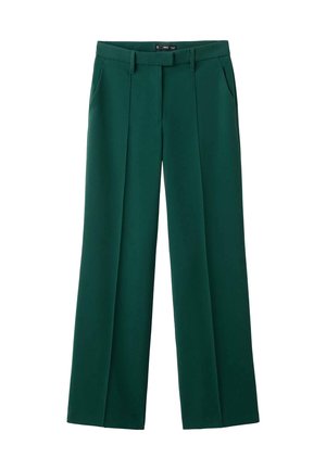 Groene wijde broek gemaakt van een soepele stof, met voorplooien, twee zijzakken en een tailleband met pasjes voor een riem.