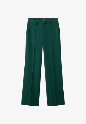 Pantalons larges verts en tissu lisse, avec des plis à l'avant, deux poches latérales et une ceinture avec passants.