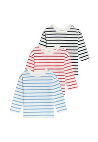 Drei Langarmshirts mit horizontalen Streifen: eines in Marineblau und Weiß, eines in Rot und Weiß sowie eines in Hellblau und Weiß. Aus Baumwollstoff.