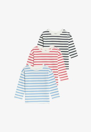 Tre camicie a maniche lunghe con strisce orizzontali: una blu navy e bianca, una rossa e bianca, e una azzurra e bianca. Tessuto in cotone.