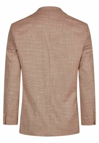 Bruine gestructureerde blazer met een notch lapel, een enkele split en decoratieve knoopaccenten op de mouwen. Getailleerd silhouet.