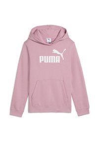 Helle rosa, kapuzen Sweatshirt aus Baumwollmischung, mit einer vorderen Kängurutasche und großem weißen "PUMA"-Logo mit einer springenden PUMA-Grafik.