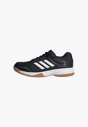 Schwarzer Sportschuh mit Netz-Obermaterial, weißem Drei-Streifen-Design, Gummisohle und gepolstertem Kragen für Komfort. Verfügt über eine Gummisohle.