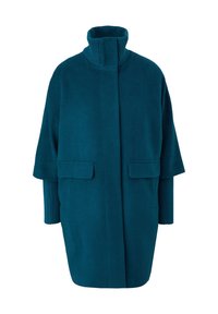 Manteau en laine bleu sarcelle avec col côtelé haut, manches extérieures courtes, manches intérieures longues côtelées et deux poches à rabat à l'avant.