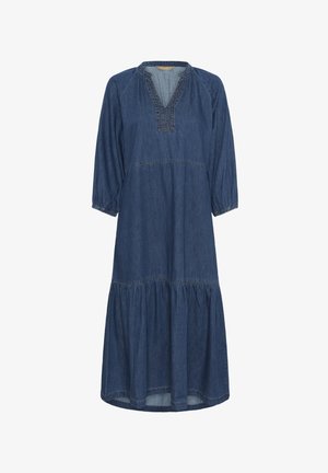 Lange denimjurk met driekwart pofmouwen, V-hals en geplooid rokgedeelte aan de zoom.