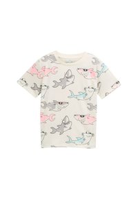 Kurzarm-T-Shirt mit einem cremfarbenen Hintergrund und verspielten Hai-Illustrationen in Grau, Pink und Blau. Hergestellt aus weichem Baumwollstoff.