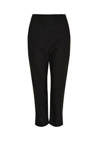 Sorte tilspidsede bukser med elastisk talje og bæltestropper, med forreste folder og cropped ankellængde.