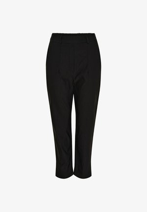 Sorte tilspidsede bukser med elastisk talje og bæltestropper, med forreste folder og cropped ankellængde.