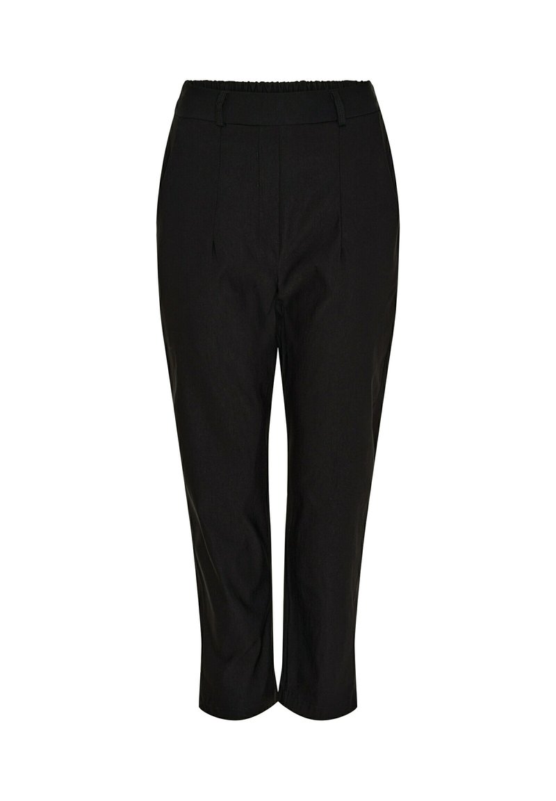 Sorte tilspidsede bukser med elastisk talje og bæltestropper, med forreste folder og cropped ankellængde.