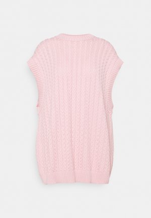 Růžový pletený bezrukávový svetr s ribhovanou texturou a širokým výstřihem. Disponuje složitými kabelovými vzory a volným střihem.