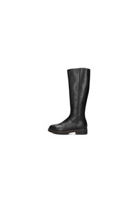 Knee-high black leather boot with a smooth texture, rounded toe, and subtle stitching detail. Features a flat, sturdy sole.