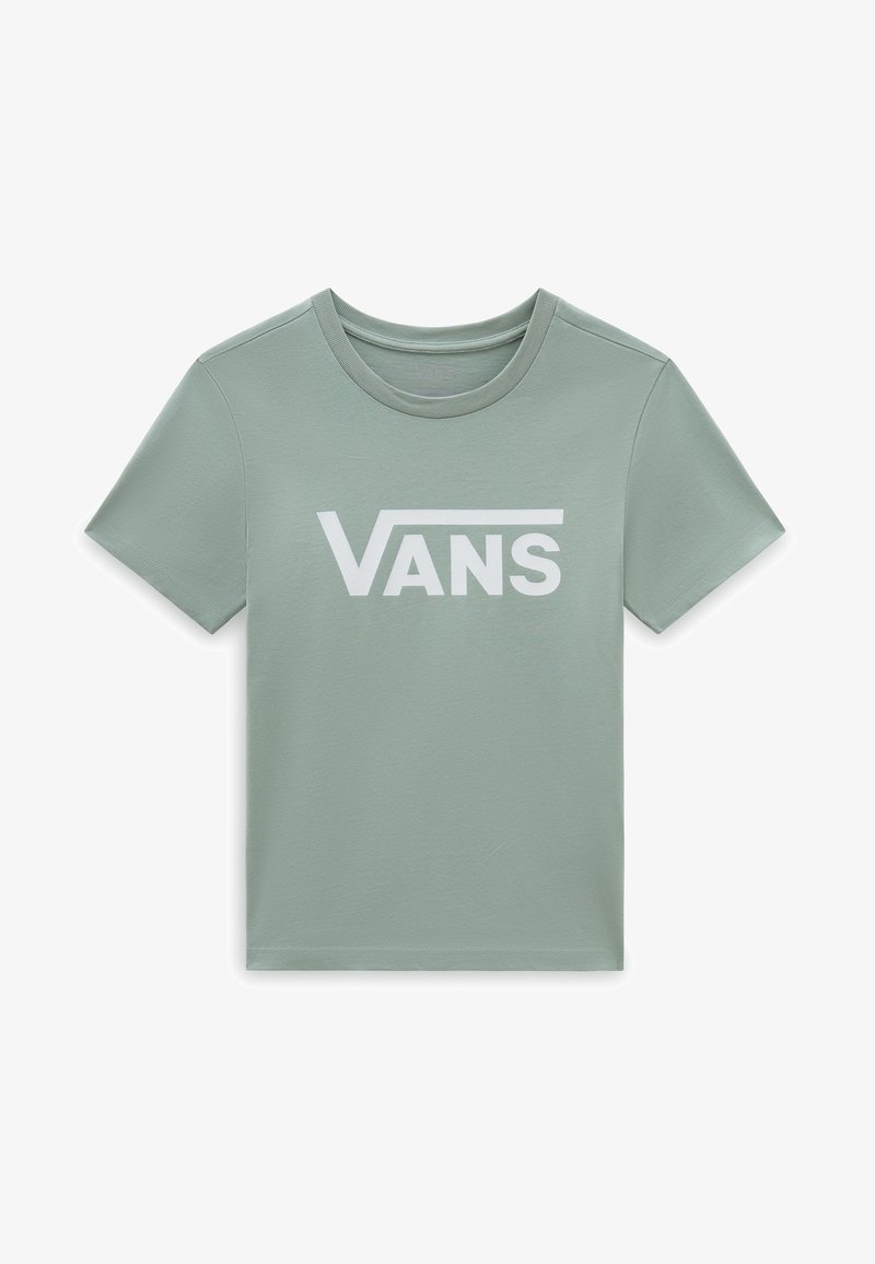 T-shirt vert clair à manches courtes et col rond avec le logo Vans blanc centré sur la poitrine.