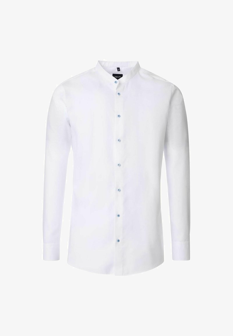 Biała koszula z długim rękawem i stójką, z jasnoniebieskimi guzikami i prostym krojem. Gładka tekstura, casualowy design, bez wzorów.