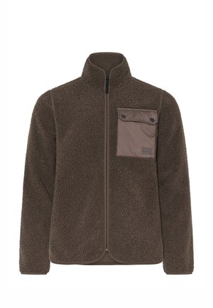 Braune Fleecejacke mit hohem Kragen. Mit Reißverschluss vorne und jeder quadratischen Brusttasche aus kontrastierendem Stoff mit Druckknopfverschluss.