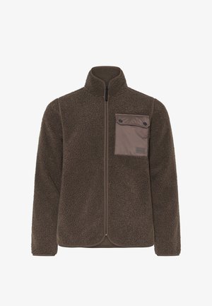 Braune Fleecejacke mit hohem Kragen. Mit Reißverschluss vorne und jeder quadratischen Brusttasche aus kontrastierendem Stoff mit Druckknopfverschluss.