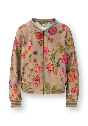 Geborduurde bomberjack in beige corduroy met kleurrijke bloemenpatronen, geribbelde manchetten en een groene rits. Twee zijzakken inbegrepen.