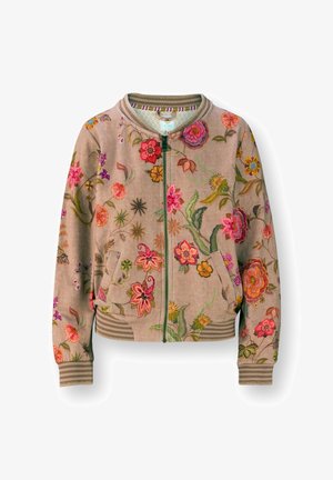 Geborduurde bomberjack in beige corduroy met kleurrijke bloemenpatronen, geribbelde manchetten en een groene rits. Twee zijzakken inbegrepen.