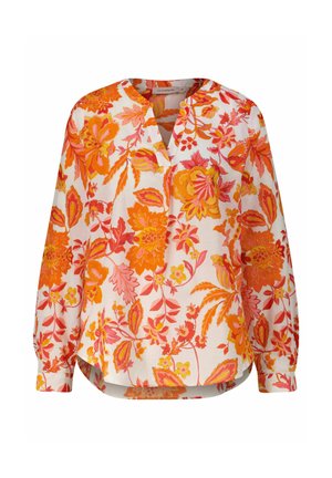 Langärmlige Bluse aus leichtem Material mit floralem Muster in den Farben Orange, Pink und Gelb auf einem weißen Hintergrund. V-Ausschnitt-Design.