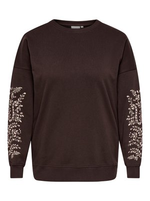 Mørkebrun langærmet crewneck sweatshirt med lysebeige blomster- og vintre-mønstre på begge ærmer.