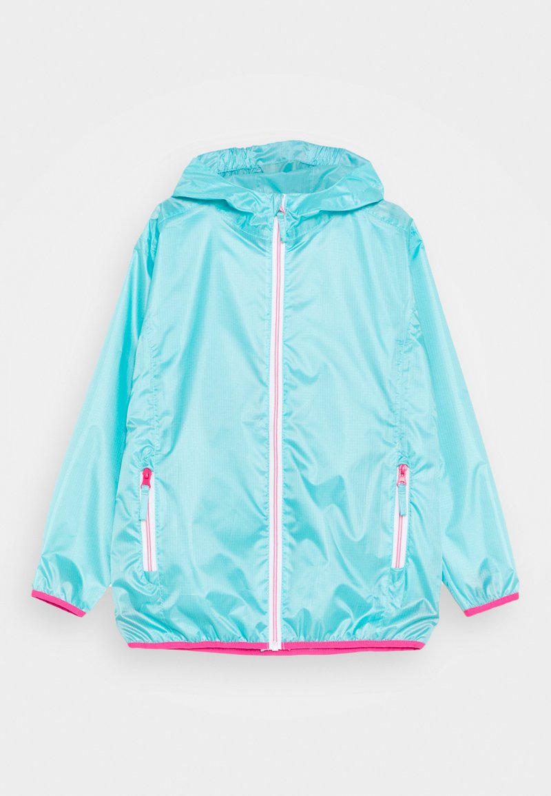 Šviesiai mėlynas, lengvas lietaus švarkas su kapišonu, priekiniu užtrauktuku ir rožiniais akcentais ant užtrauktuko ir rankogalių. Yra dvi šoninės kišenės.