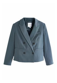 Geknipte, dubbelzijdige blazer in leisteengrijs met notch revers, vier zwarte knopen en twee voorste paspelzakken, gelabeld met NEXT aan de binnenkant van de kraag.