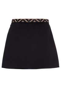 Jupe noire avec une taille ajustée et une ceinture élastique texturée à motifs géométriques, arborant un design lisse et minimaliste.