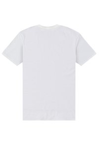 Bílý bavlněný tričko, krátké rukávy, kulatý výstřih, jednoduchý design, měkká struktura, nedokončený lem, bez viditelných značek nebo vzorů.