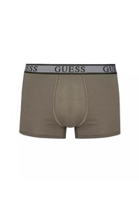 Boxer-briefs pour hommes en mélange de coton olive, au design ajusté, avec une ceinture grise portant le logo "GUESS" en noir.