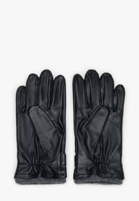Černé kožené rukavice s hladkou texturou, s přiléhavým střihem a elastickými manžetami. Vnitřní podšívka z měkké šedé látky.