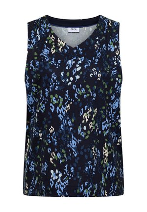 Haut sans manches bleu marine avec imprimé floral abstrait en bleu clair, vert et blanc, doté d'un col rond et d'une étiquette à l'intérieur.