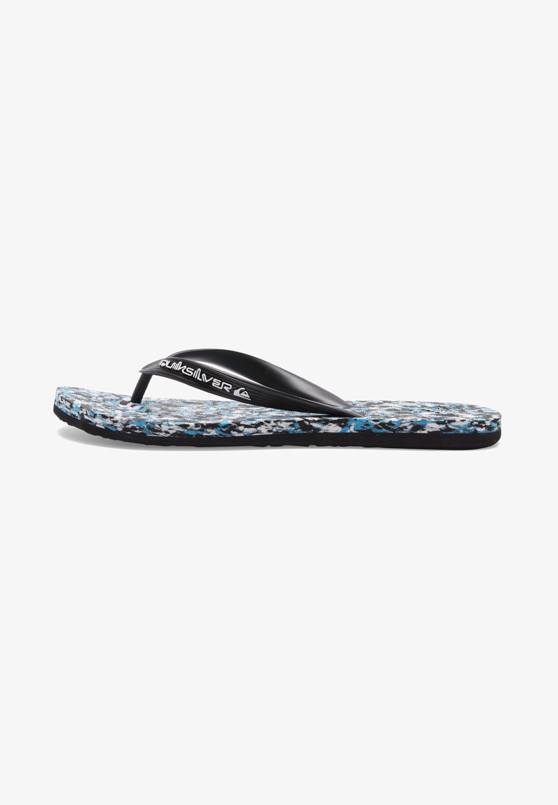 Black flip-flop with a textured blue and white patterned footbed. Features a black strap with the logo in white on the front.