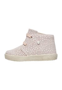 Stivali alla caviglia in suede rosa chiaro con pois bianchi, dotati di due lacci a toggle, una suola testurizzata e un piccolo logo sulla parte laterale.