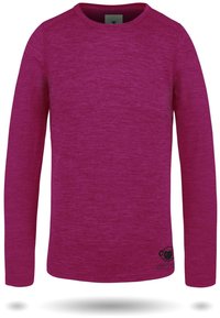 Langarmshirt in lebhaftem Fuchsia, aus einem strukturierten Stoff mit einem subtilen Melange-Muster und einem kleinen Logo nahe dem Saum.