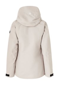 Lys beige vandafvisende jakke med hætte, der har en glat overflade, justerbare manchetter og et logo på ryggen.