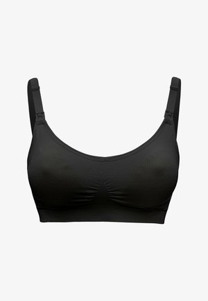 Schwarzer kabelloser BH mit verstellbaren Trägern, strukturiertem Stoff und einer gerafften Detailmitte an der Vorderseite, bietet ein nahtloses Design und weichen Tragekomfort.