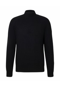 Schwarzer Rollkragenpullover aus strukturiertem Strickstoff, mit langen Ärmeln und enganliegender Passform, mit geripptem Kragen und ohne sichtbare Muster.