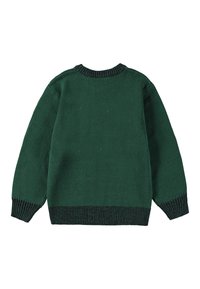 Pullover verde in maglia con scollo e polsini a coste. Presenta un motivo texturizzato e una vestibilità rilassata. Nessuna chiusura o decorazione visibile.