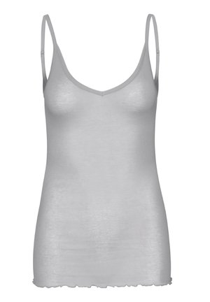 Camisola grigia con spalline sottili e regolabili, scollatura a V e una texture morbida e liscia. Presenta un orlo ondulato nella parte inferiore.