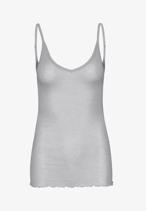 Camicole grise avec de fines bretelles réglables, décolleté en V et une texture douce et lisse. Possède un ourlet festonné en bas.
