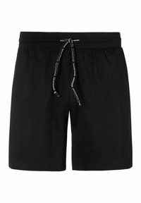 Schwarze Baumwollshorts mit einem elastischen Bund und verstellbarem Kordelzug, die eine glatte Textur aufweisen und keine zusätzlichen Muster oder Akzente haben.