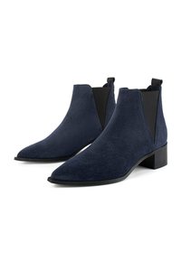 Navy blue suede ankle boots with pointed toes, elastic side panels, and a low block heel. The texture is smooth and soft.