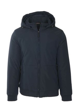 Giacca con cappuccio blu navy con cerniera frontale, due tasche laterali con cerniera e polsini e orlo a costine.