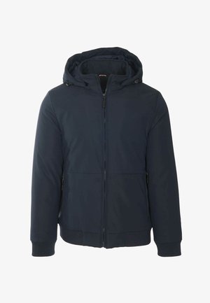 Giacca con cappuccio blu navy con cerniera frontale, due tasche laterali con cerniera e polsini e orlo a costine.