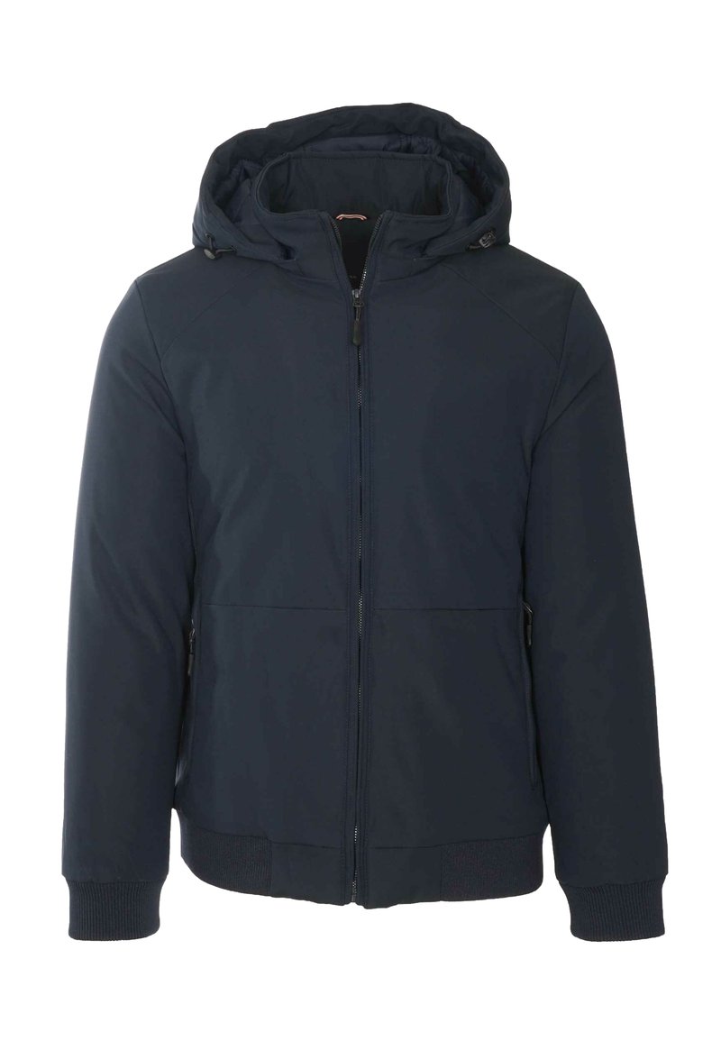 Giacca con cappuccio blu navy con cerniera frontale, due tasche laterali con cerniera e polsini e orlo a costine.